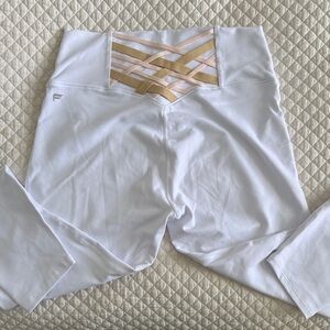New White High-Waist Fabletics Leggings with Gold & Blush Lattice Back